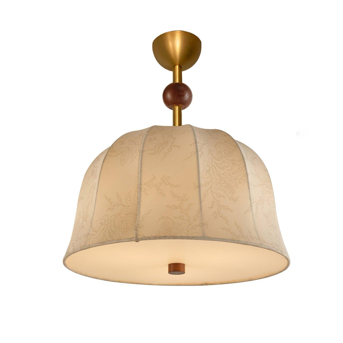 Lampada da soffitto in tessuto, metallo e legno per interni eleganti dal calore accogliente