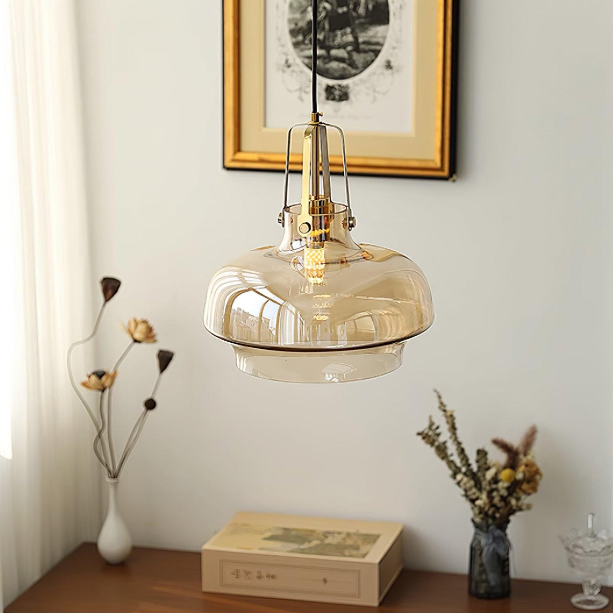 Liorarise lampada a sospensione in vetro Ambrato con Finiture in ottone