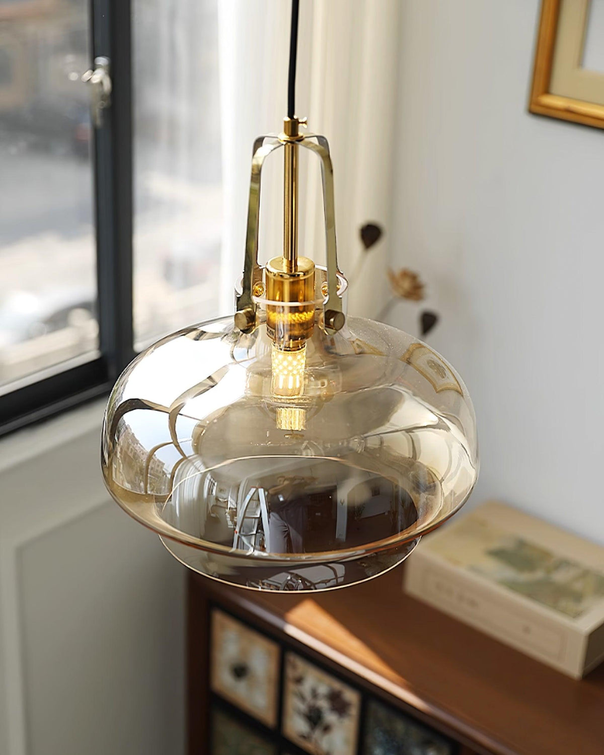 Liorarise lampada a sospensione in vetro Ambrato con Finiture in ottone