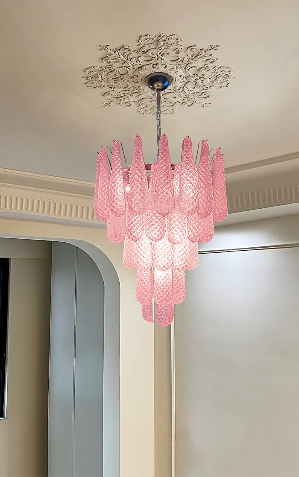Veliena lampadario Gocce Rosa vetro Murano Motivo Diamante Cascata