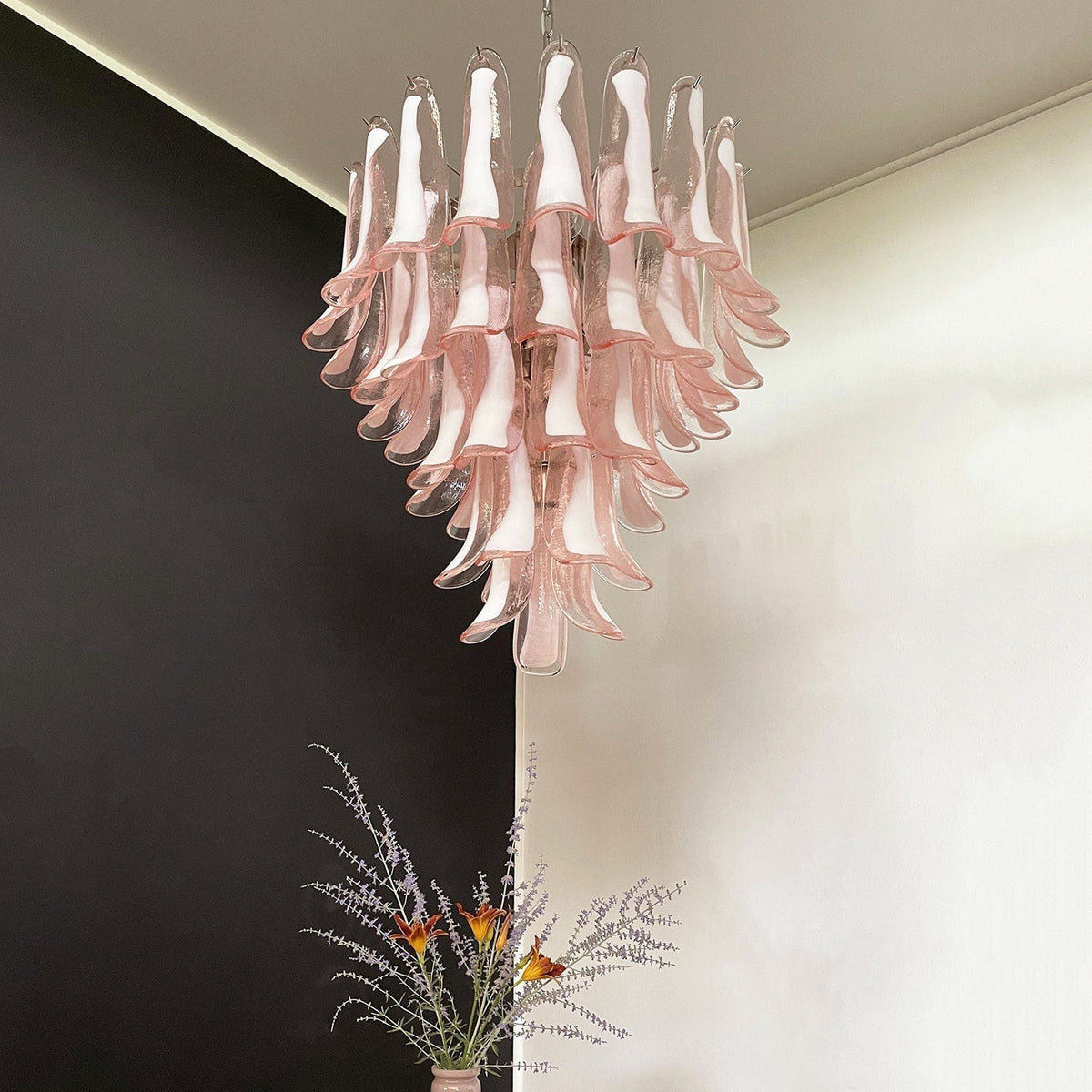 Velorira lampadario Rosa vetro Murano petali a Cascata Stratificati