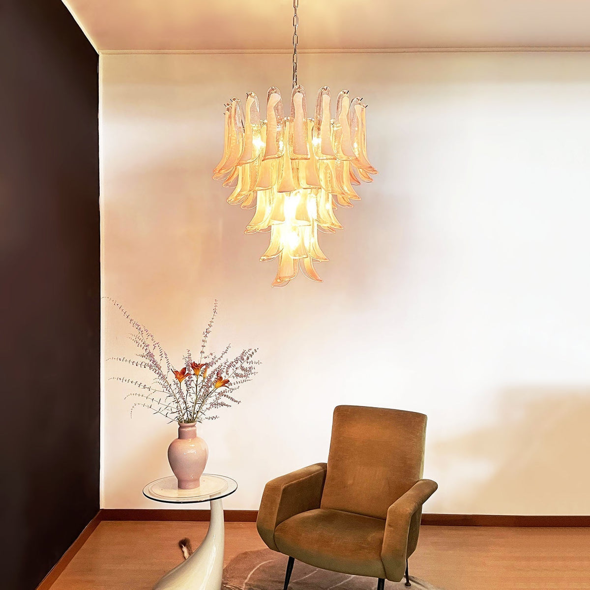 Velorira lampadario Rosa vetro Murano petali a Cascata Stratificati