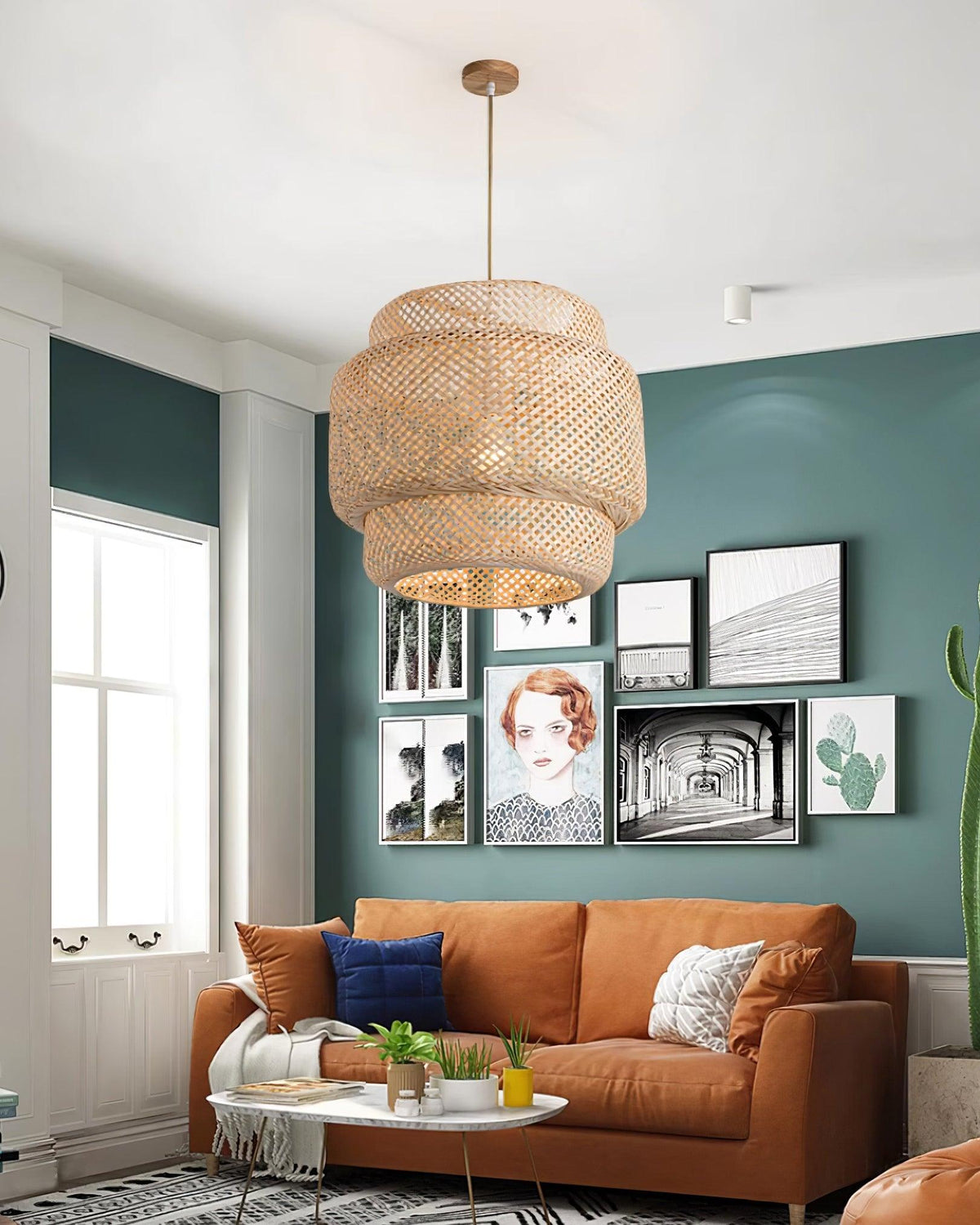 Lampada a sospensione Bambù naturale intrecciato, design a due strati