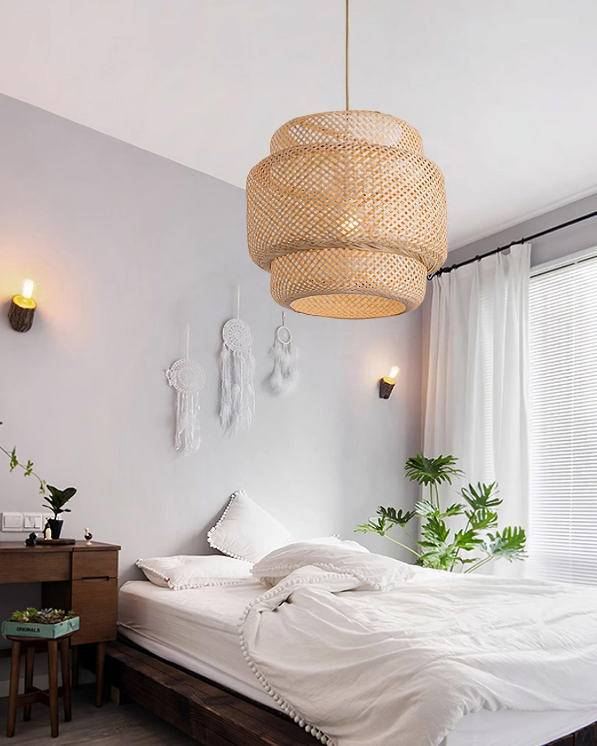 Lampada a sospensione Bambù naturale intrecciato, design a due strati