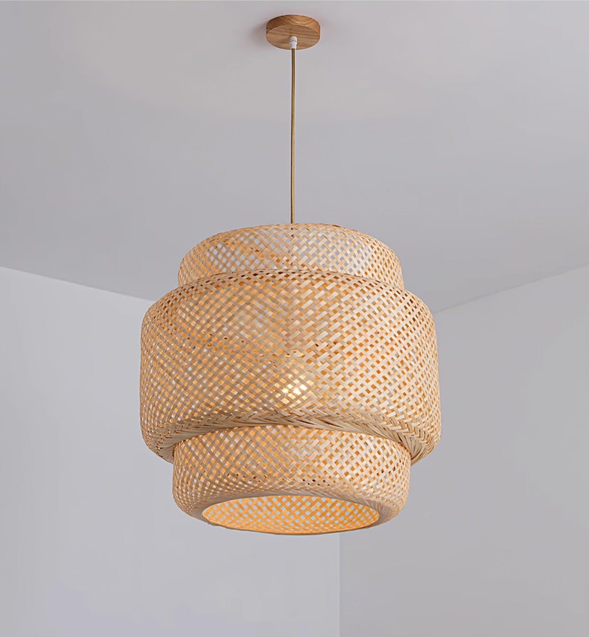 Lampada a sospensione Bambù naturale intrecciato, design a due strati