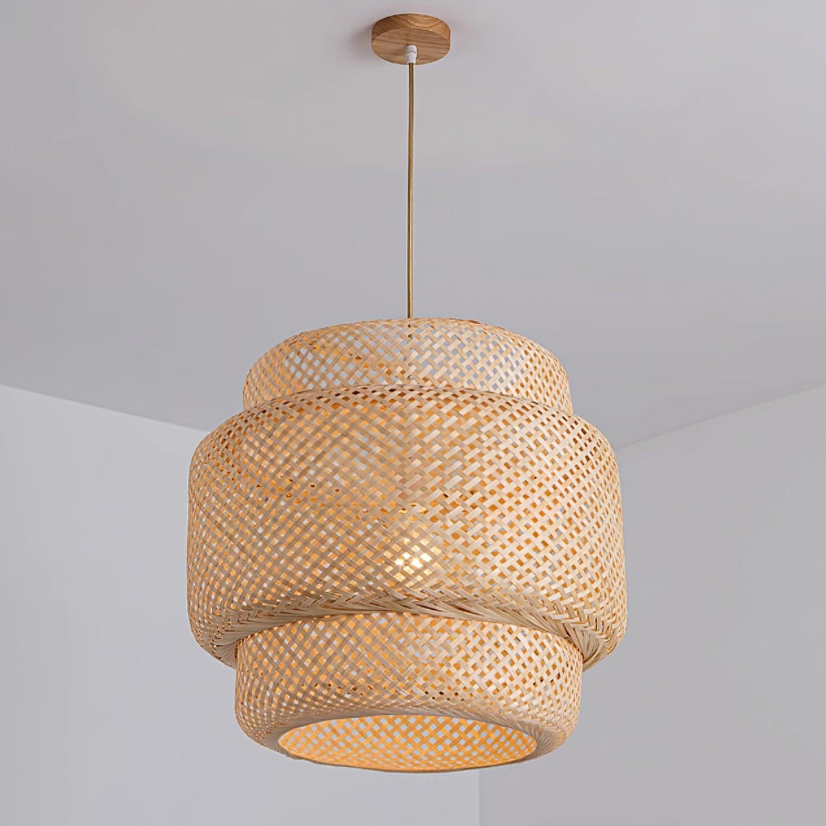 Lampada a sospensione Bambù naturale intrecciato, design a due strati