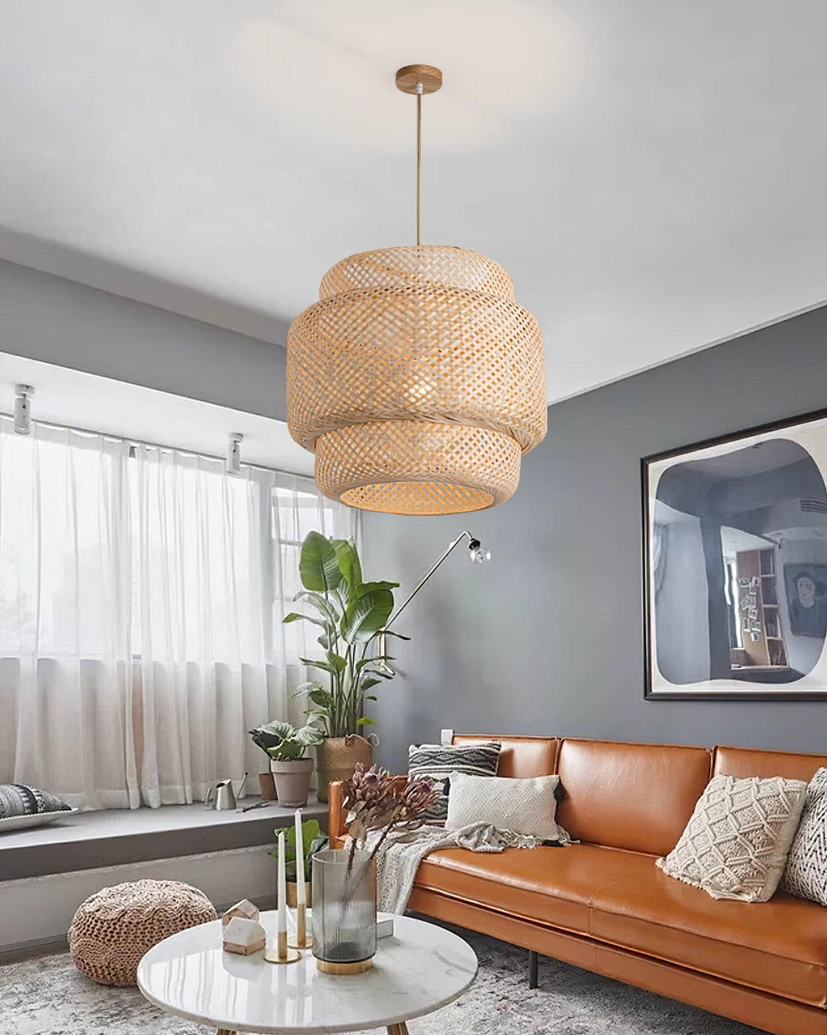 Lampada a sospensione Bambù naturale intrecciato, design a due strati