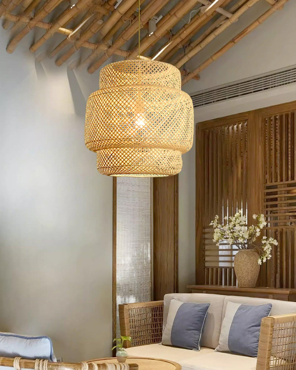 Lampada a sospensione Bambù naturale intrecciato, design a due strati