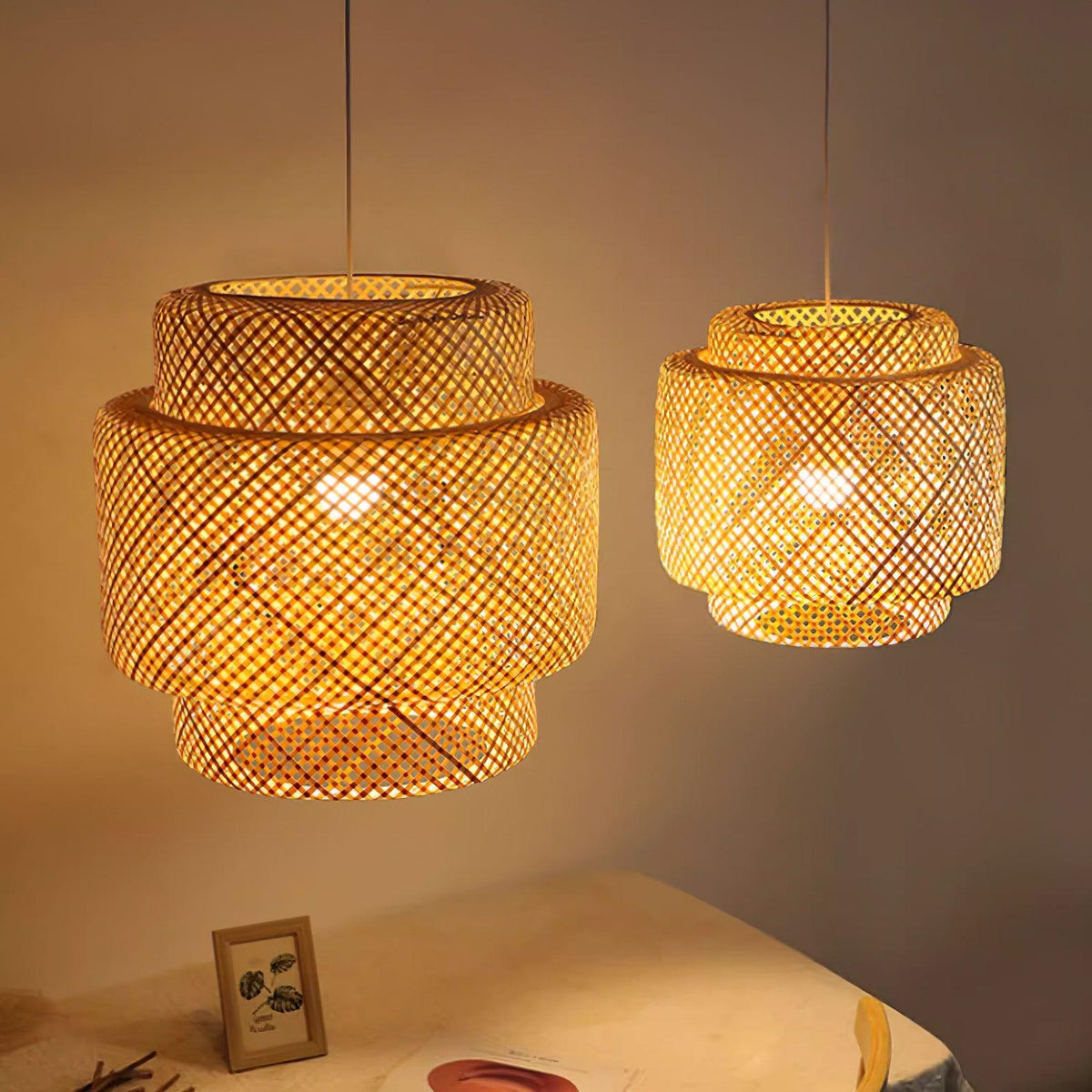 Lampada a sospensione Bambù naturale intrecciato, design a due strati
