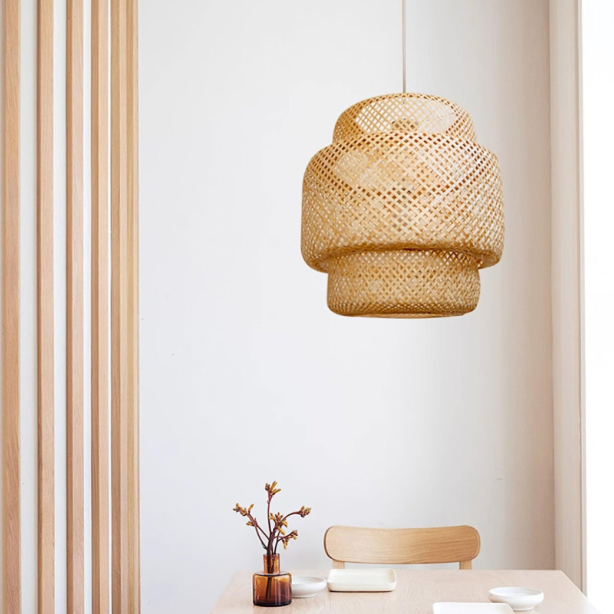 Lampada a sospensione Bambù naturale intrecciato, design a due strati