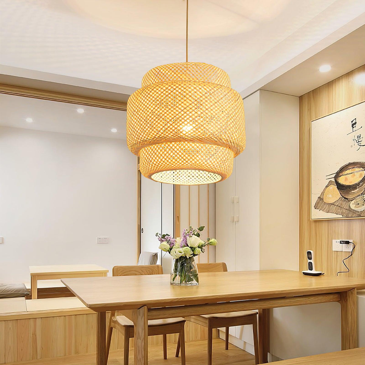 Lampada a sospensione Bambù naturale intrecciato, design a due strati