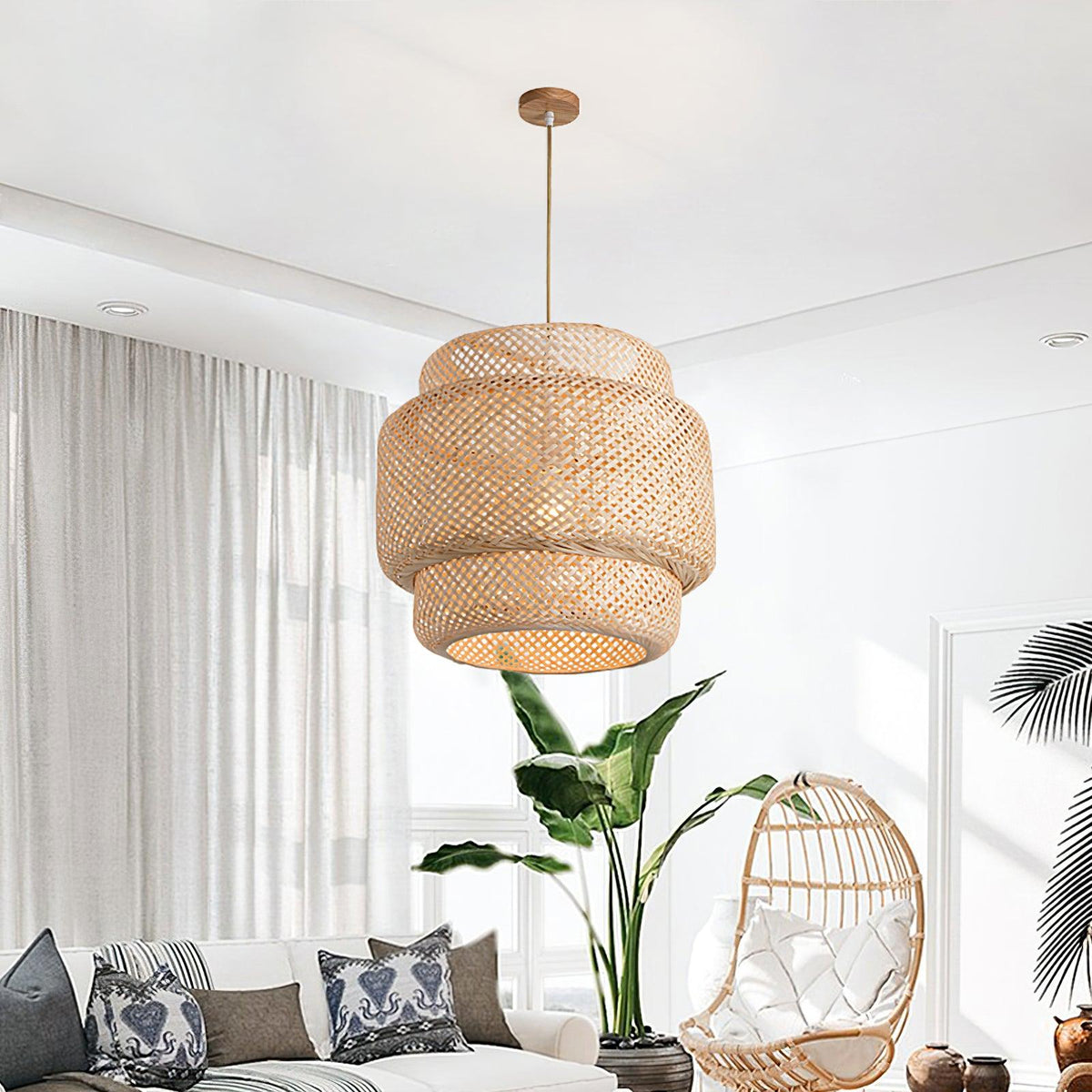 Lampada a sospensione Bambù naturale intrecciato, design a due strati