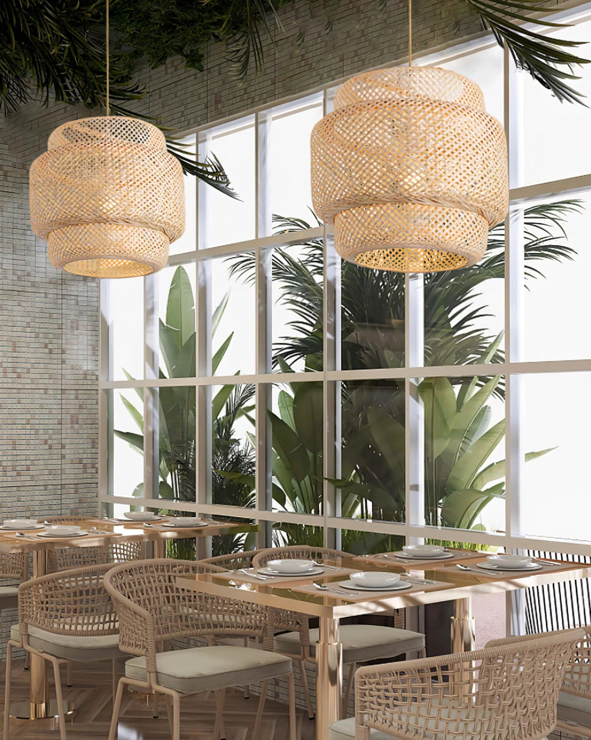 Lampada a sospensione Bambù naturale intrecciato, design a due strati