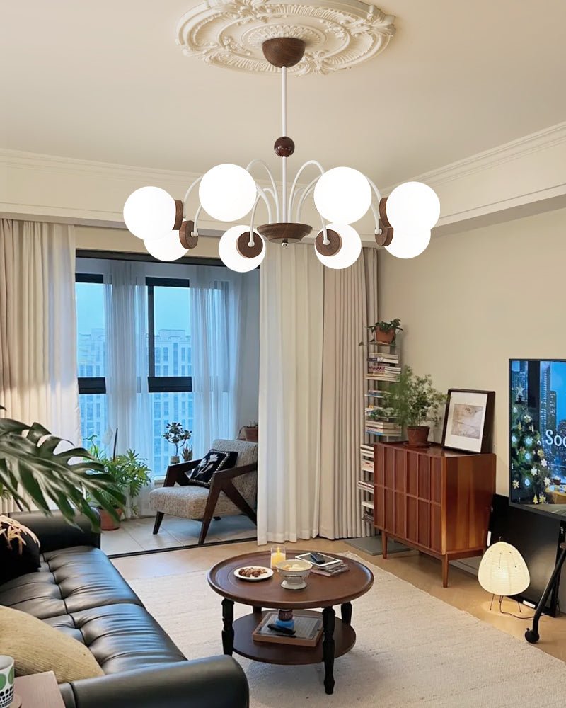 Rinuaine lampadario in legno e vetro con Bracci Curvi Contemporanei