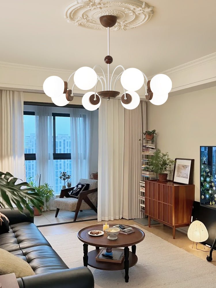 Rinuaine lampadario in legno e vetro con Bracci Curvi Contemporanei