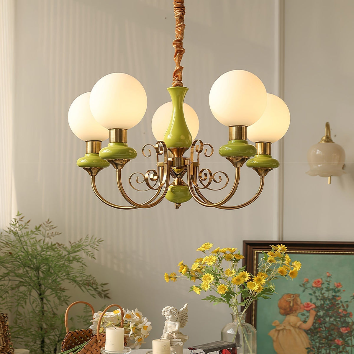 Aurorian lampadario Verde Paralumi Bracci Curvi Oro