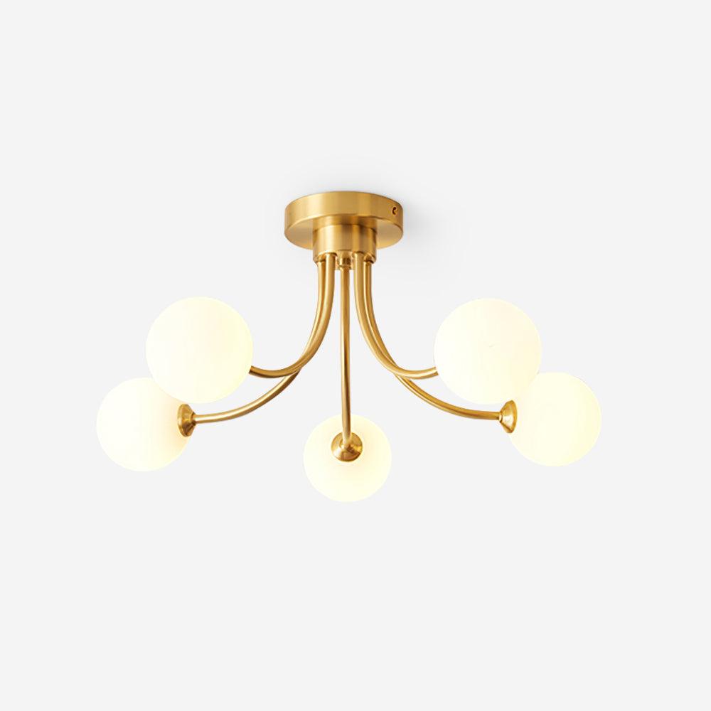 Lampada da soffitto bracci ramificati in ottone, paralumi sfera opalina, design moderno ed elegante