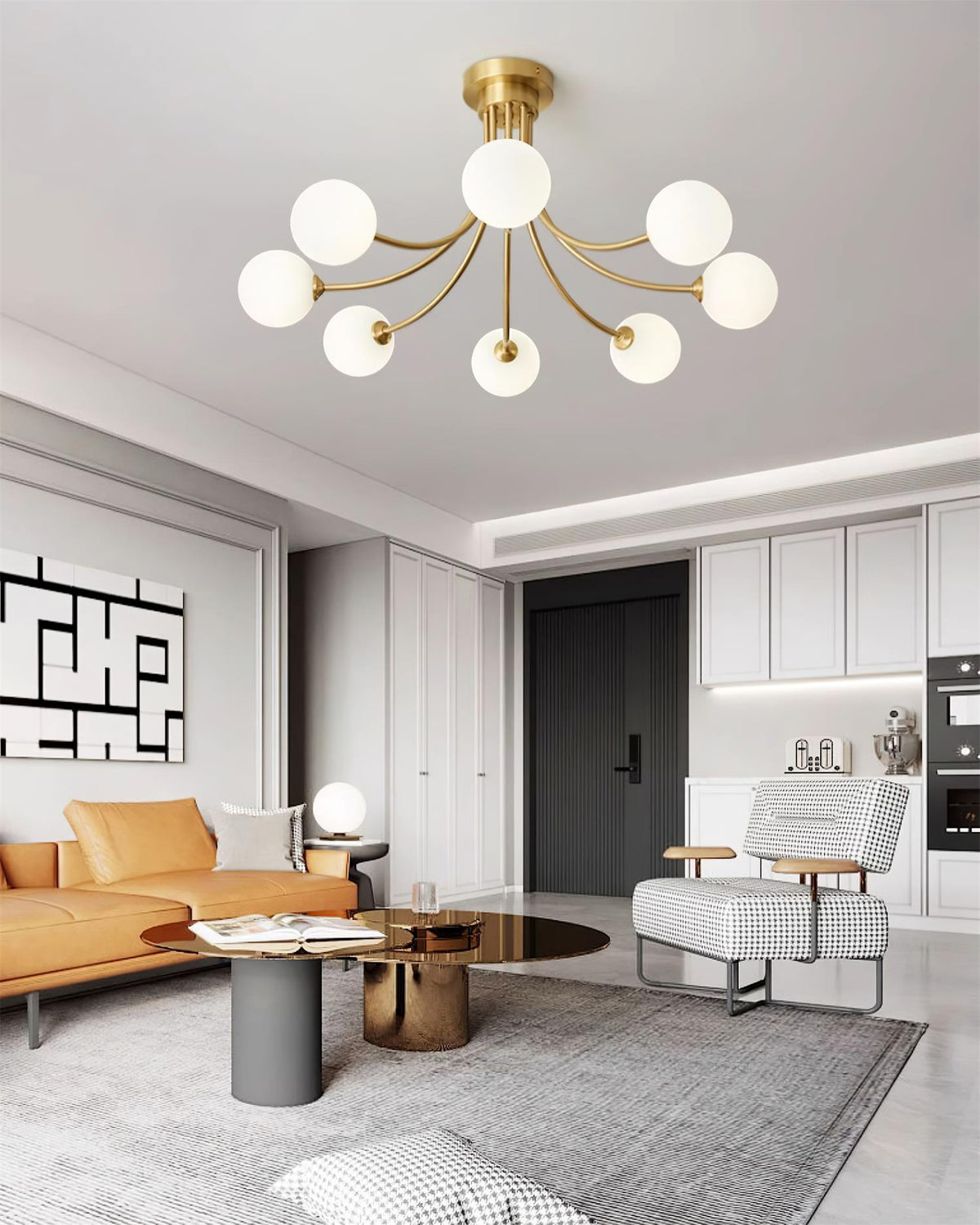 Lampada da soffitto bracci ramificati in ottone, paralumi sfera opalina, design moderno ed elegante