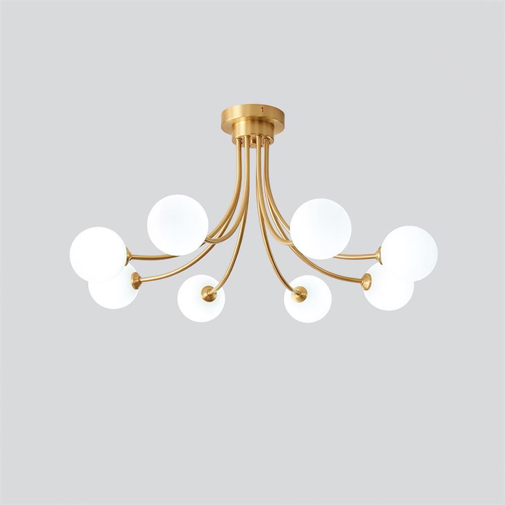 Lampada da soffitto bracci ramificati in ottone, paralumi sfera opalina, design moderno ed elegante