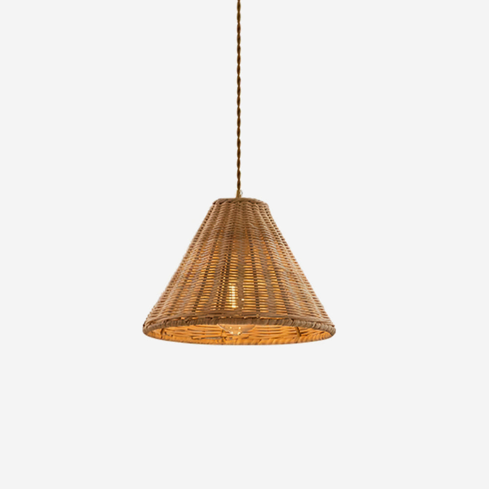 Lampada a sospensione, paralume in rattan e corpo metallico a cono, forma naturale minimalista in metallo