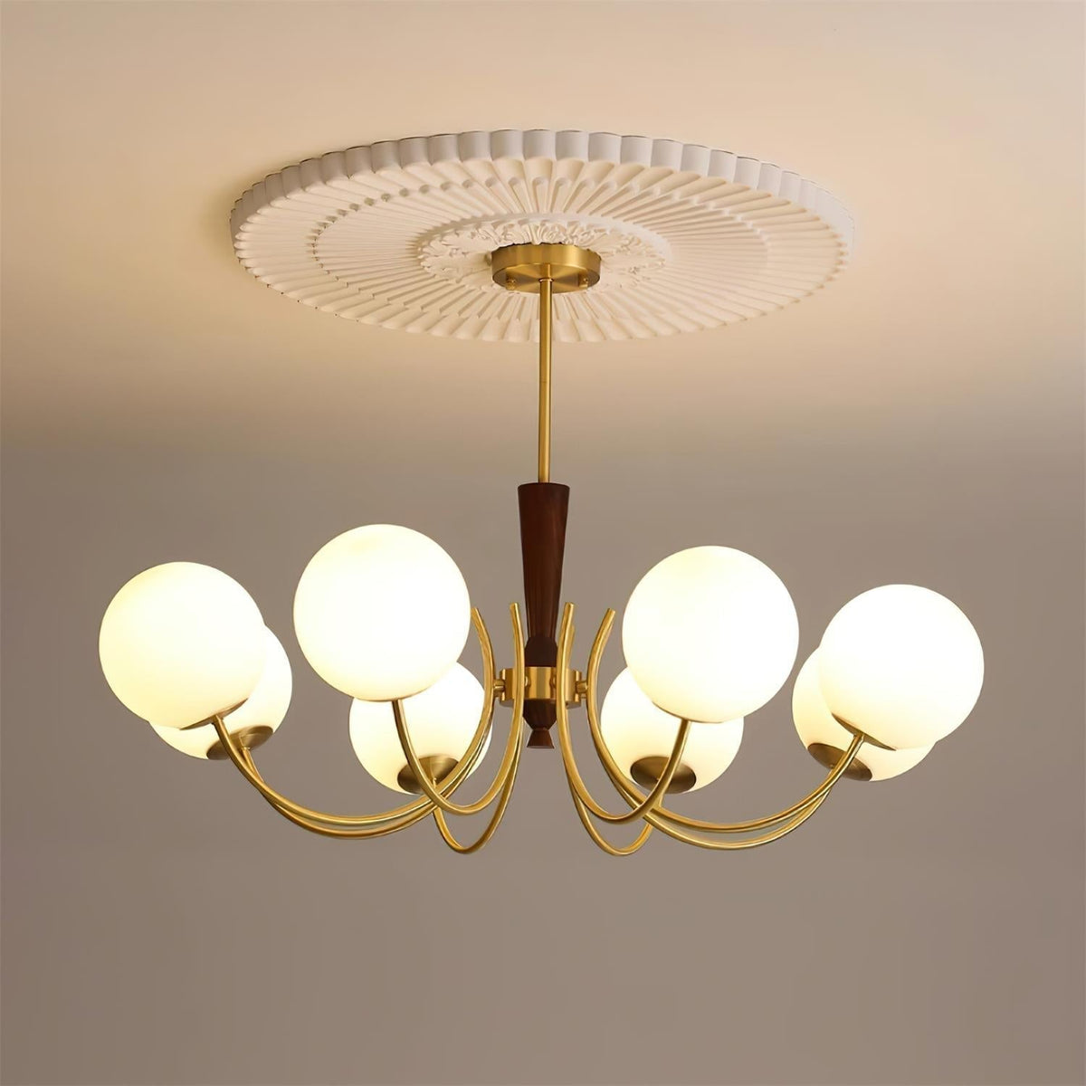Veslo lampadario in ottone e legno con Paralume Sferico