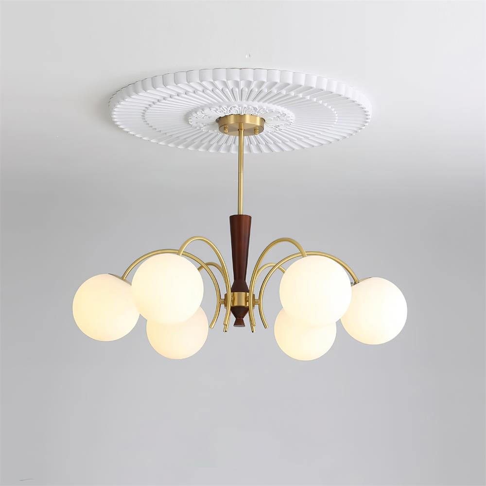Veslo lampadario in ottone e legno con Paralume Sferico