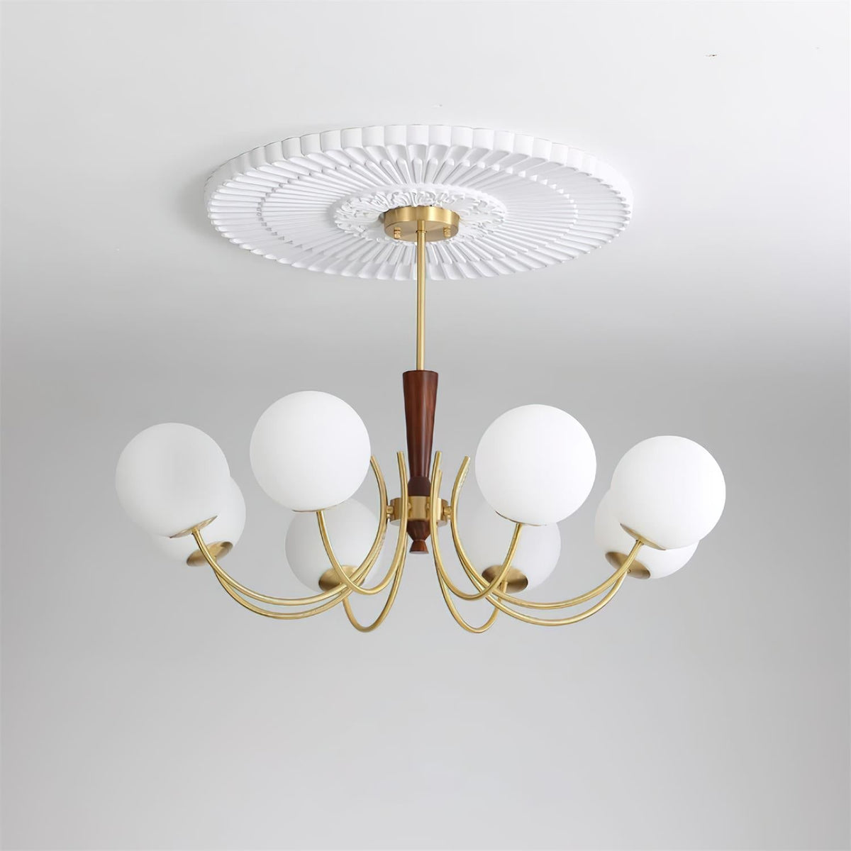 Veslo lampadario in ottone e legno con Paralume Sferico