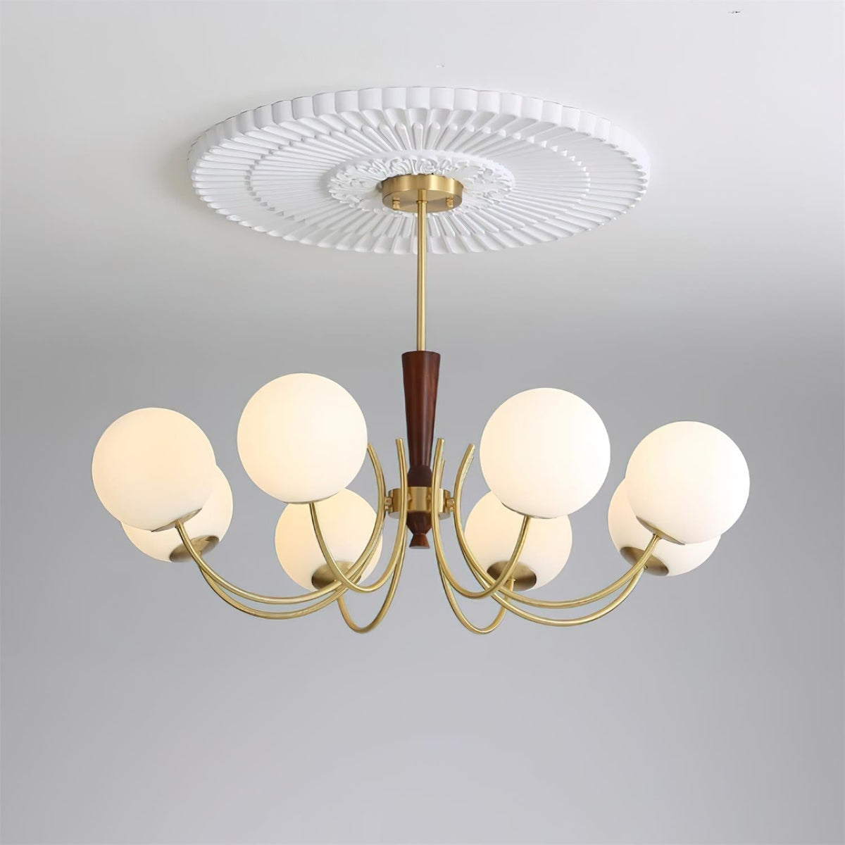 Veslo lampadario in ottone e legno con Paralume Sferico