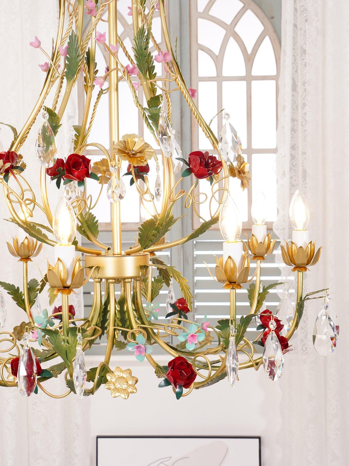 Selarella lampadario ottone Rosa fiori Cristallo Candela