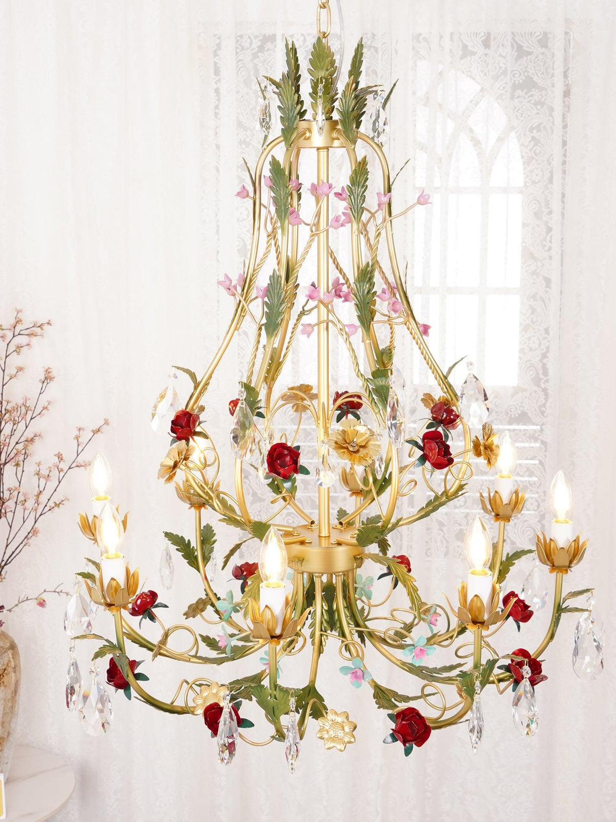 Selarella lampadario ottone Rosa fiori Cristallo Candela