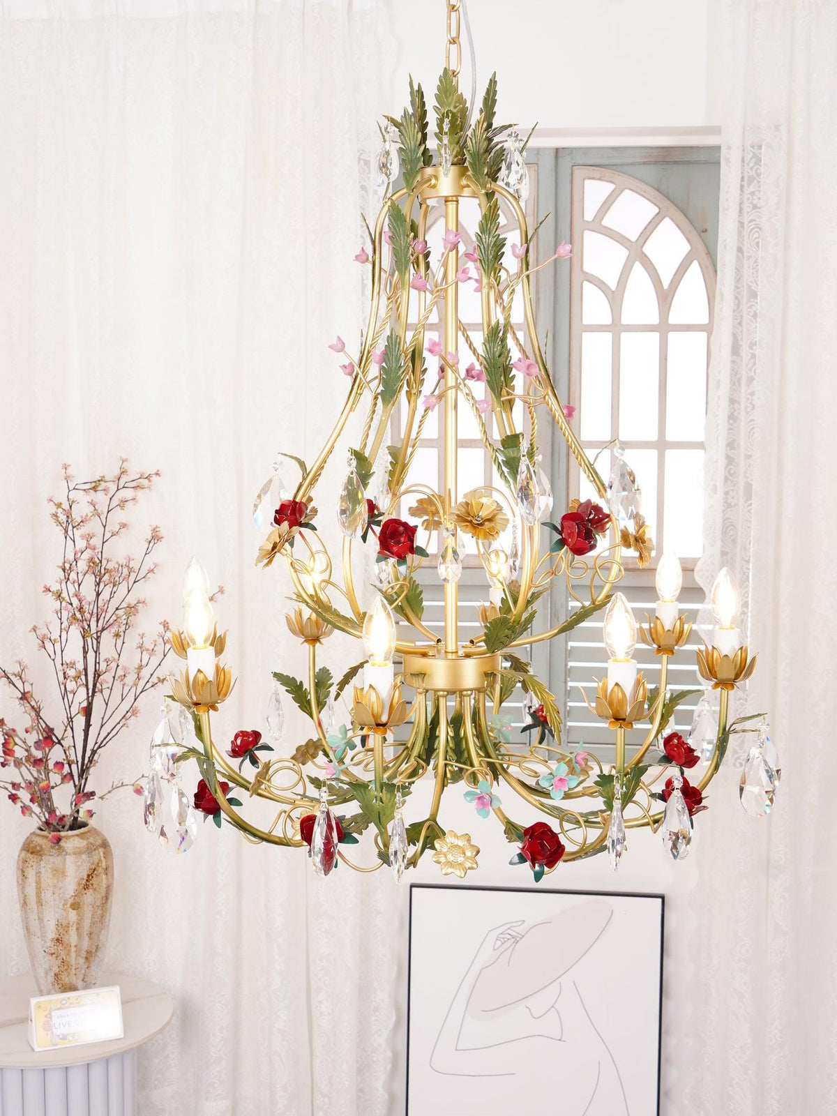 Selarella lampadario ottone Rosa fiori Cristallo Candela