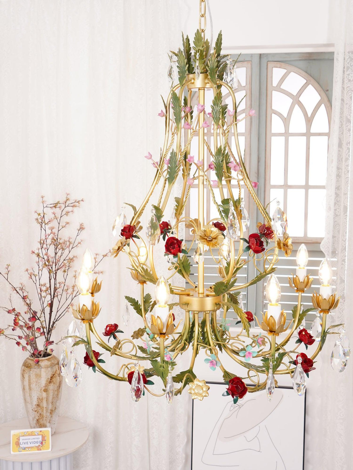 Selarella lampadario ottone Rosa fiori Cristallo Candela