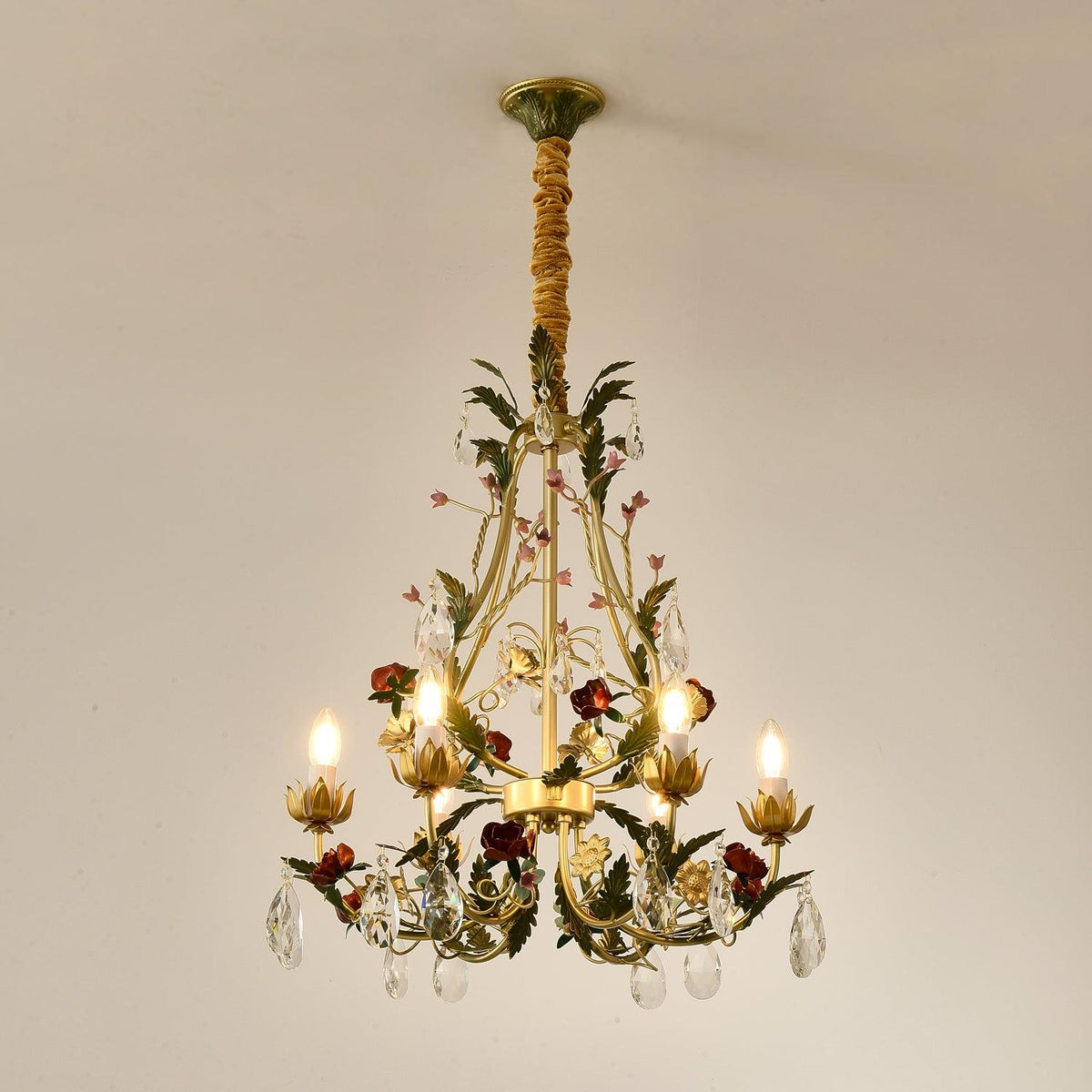 Selarella lampadario ottone Rosa fiori Cristallo Candela