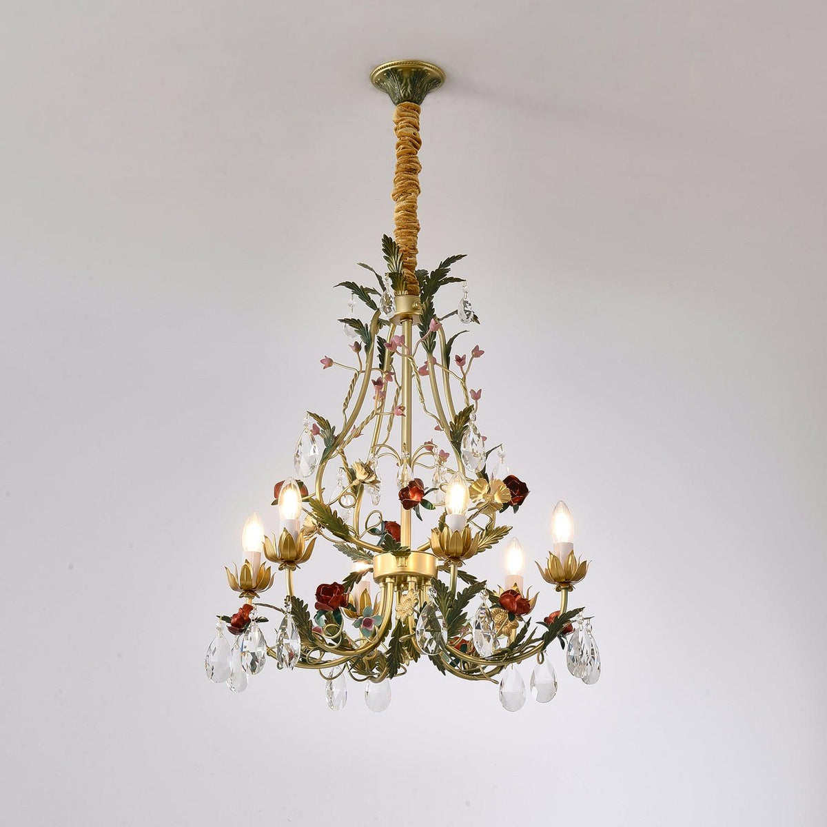 Selarella lampadario ottone Rosa fiori Cristallo Candela