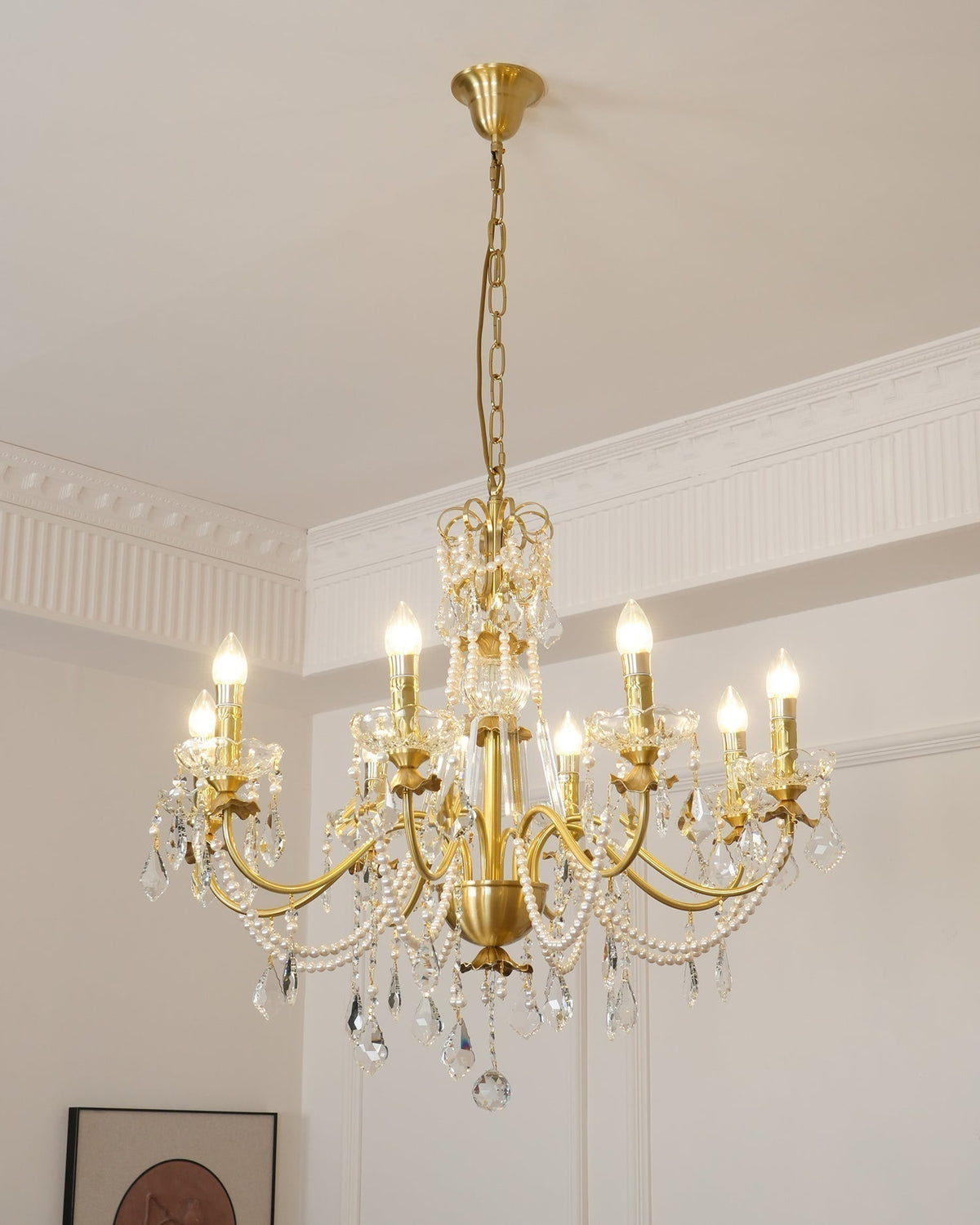 Lampadario Corpo in ottone Gocce di Cristallo Perla Eleganza vintage