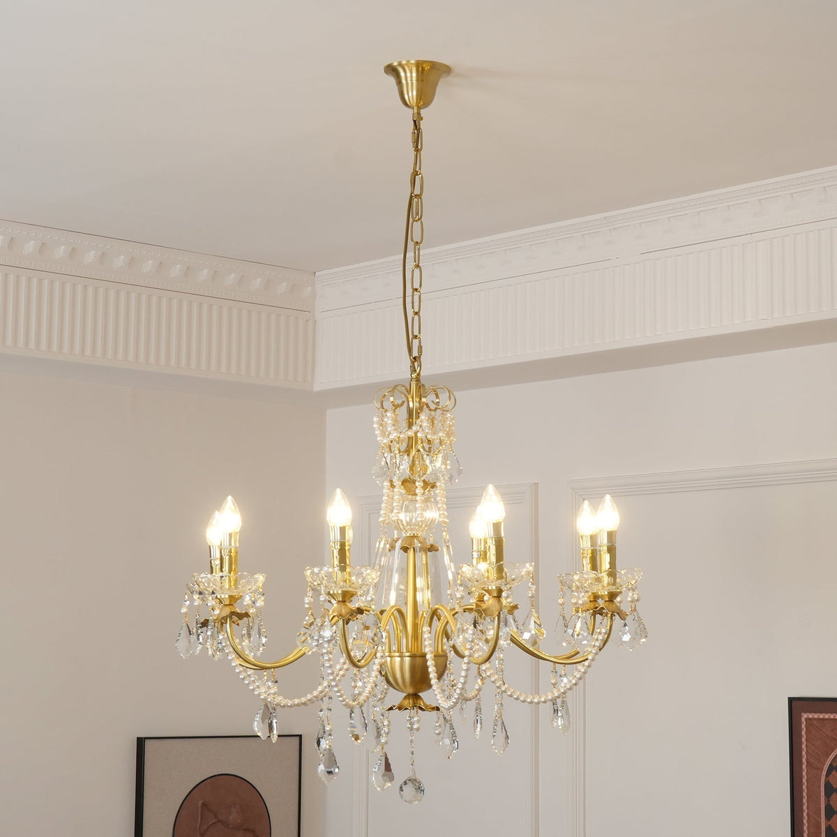 Lampadario Corpo in ottone Gocce di Cristallo Perla Eleganza vintage