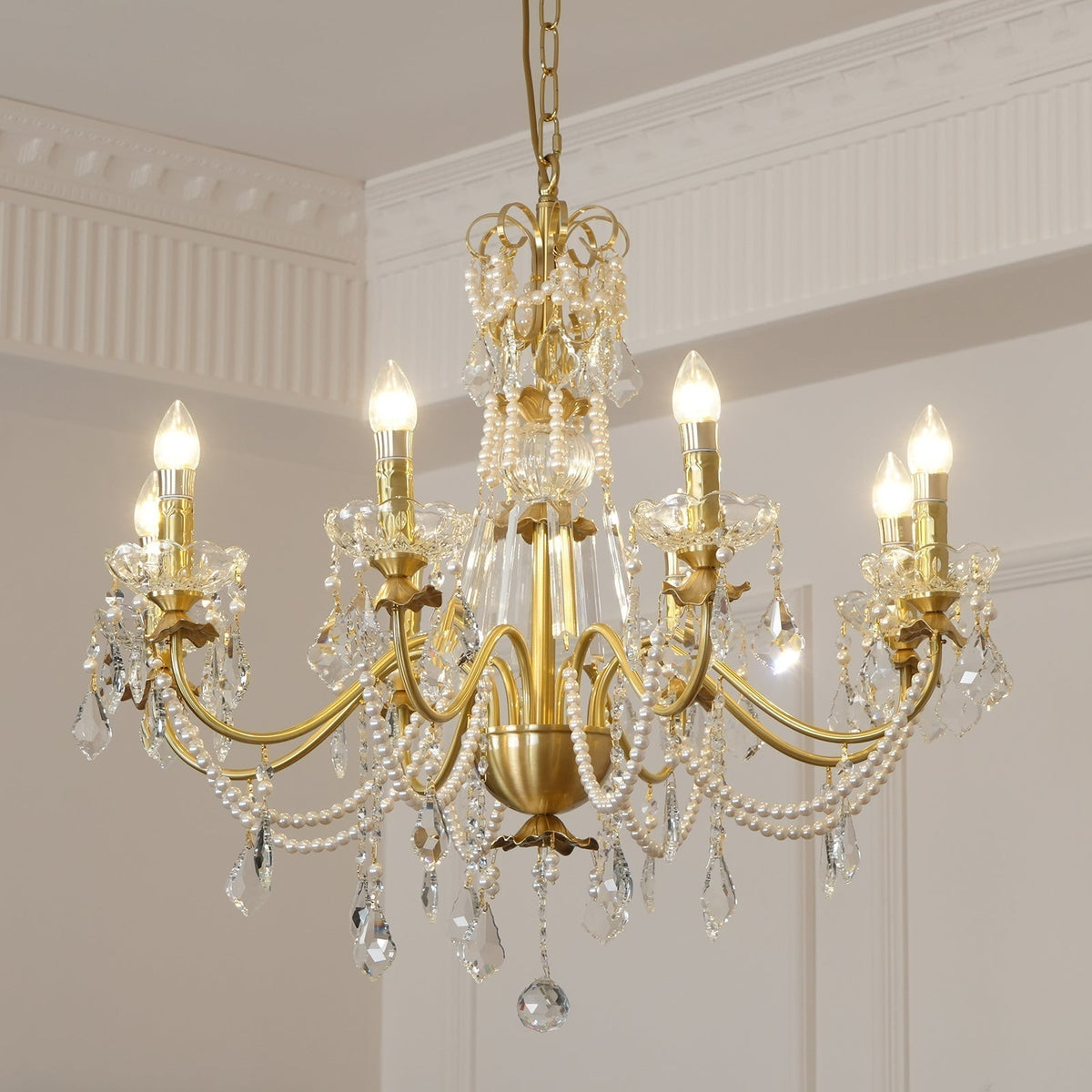 Lampadario Corpo in ottone Gocce di Cristallo Perla Eleganza vintage