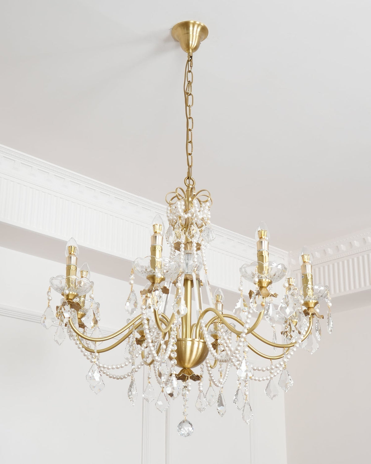 Lampadario Corpo in ottone Gocce di Cristallo Perla Eleganza vintage