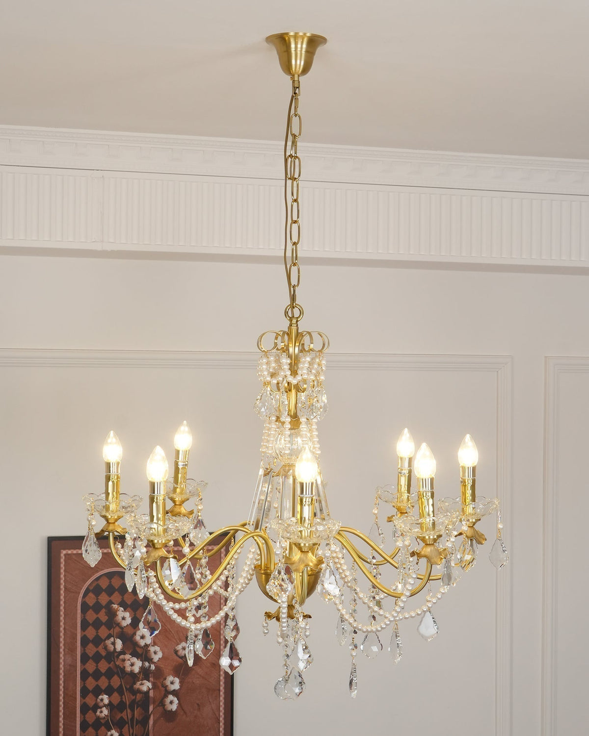 Lampadario Corpo in ottone Gocce di Cristallo Perla Eleganza vintage