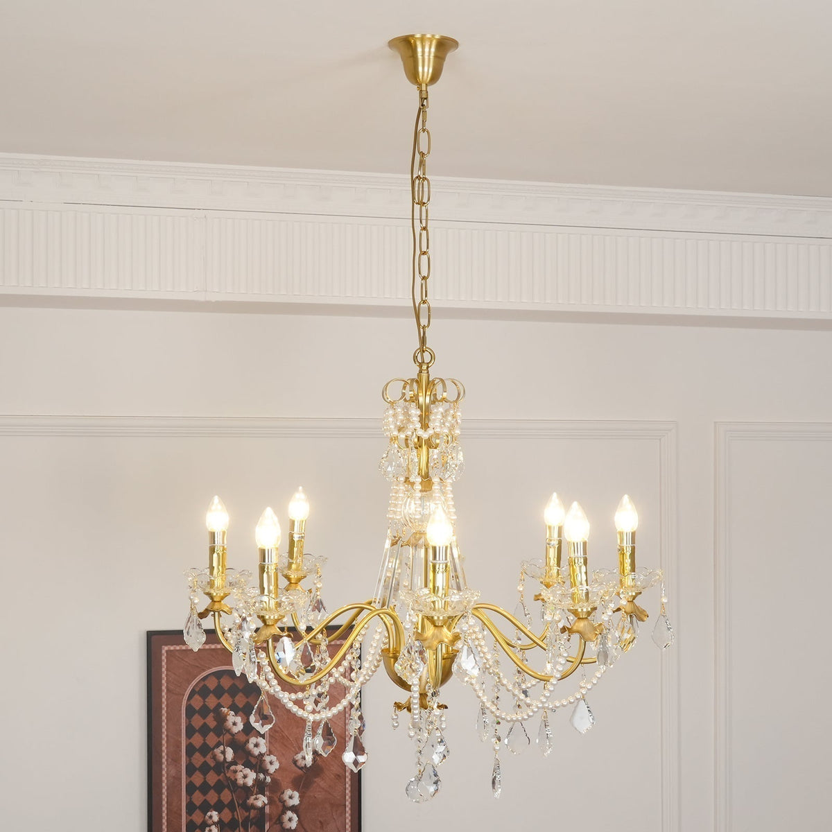 Lampadario Corpo in ottone Gocce di Cristallo Perla Eleganza vintage