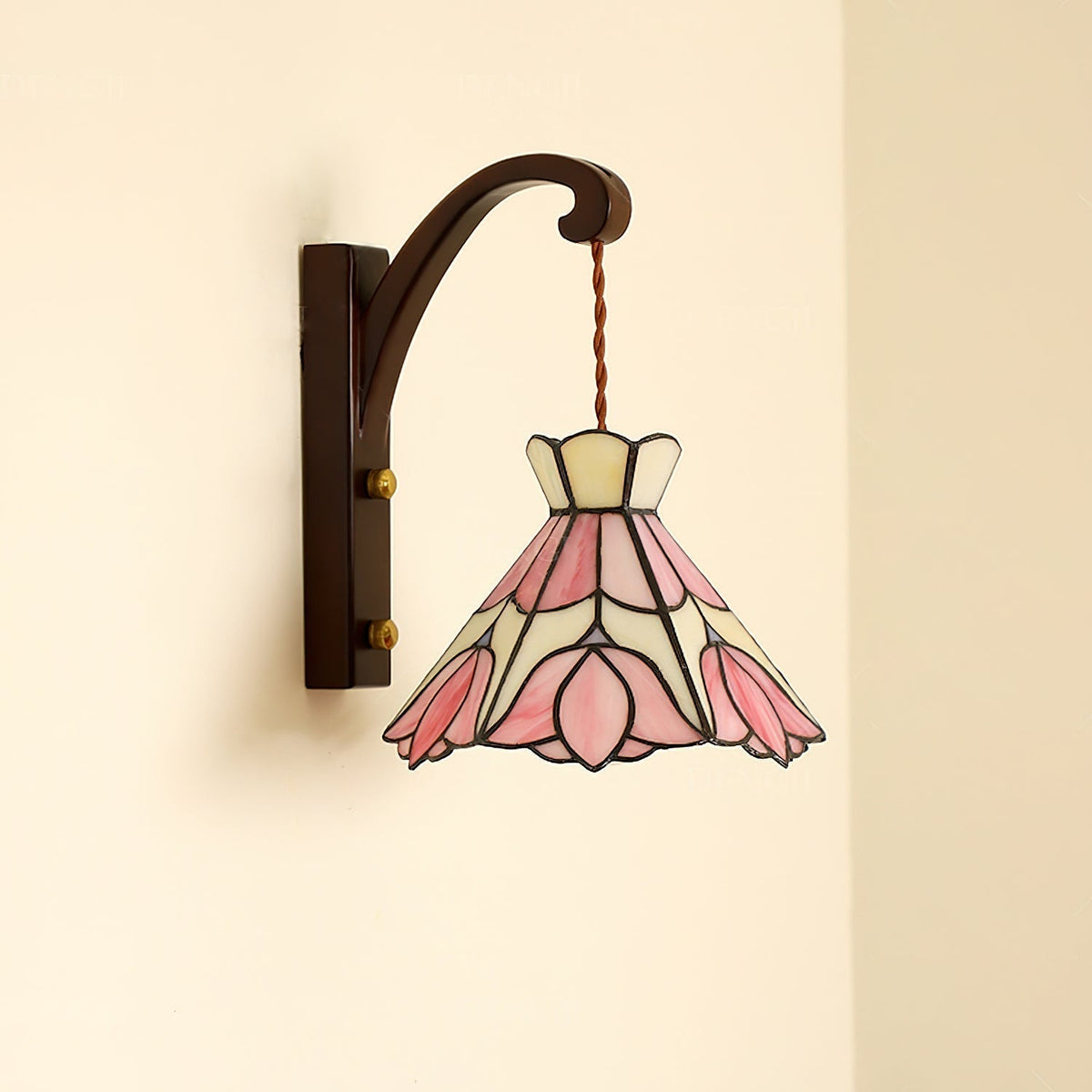 Lampada da parete corpo in legno paralume vetro Tiffany rosa floreale stile vintage Art Deco