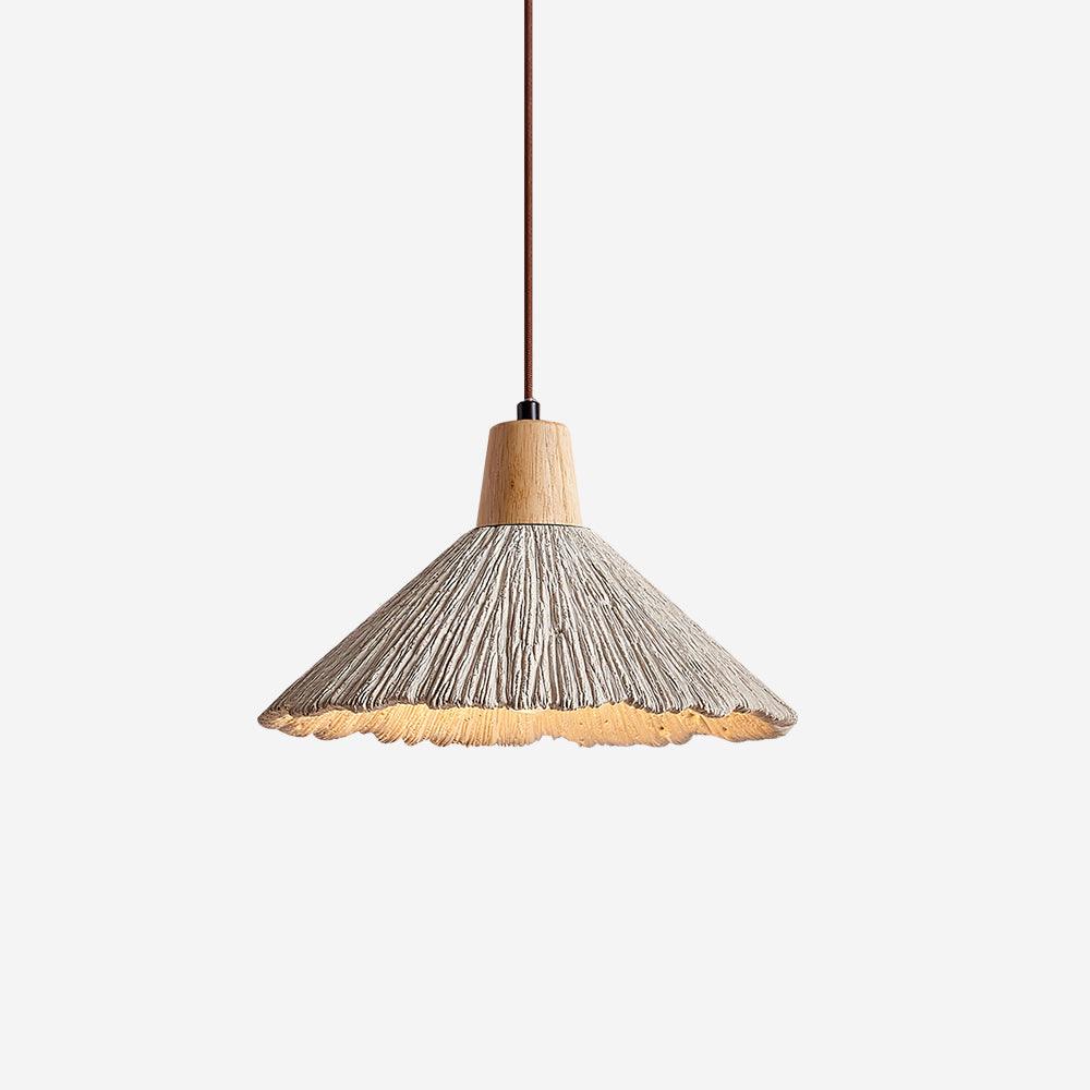 Lampada a sospensione legno in cima, paralume in cemento texturizzato grigio, stile Japandi naturale