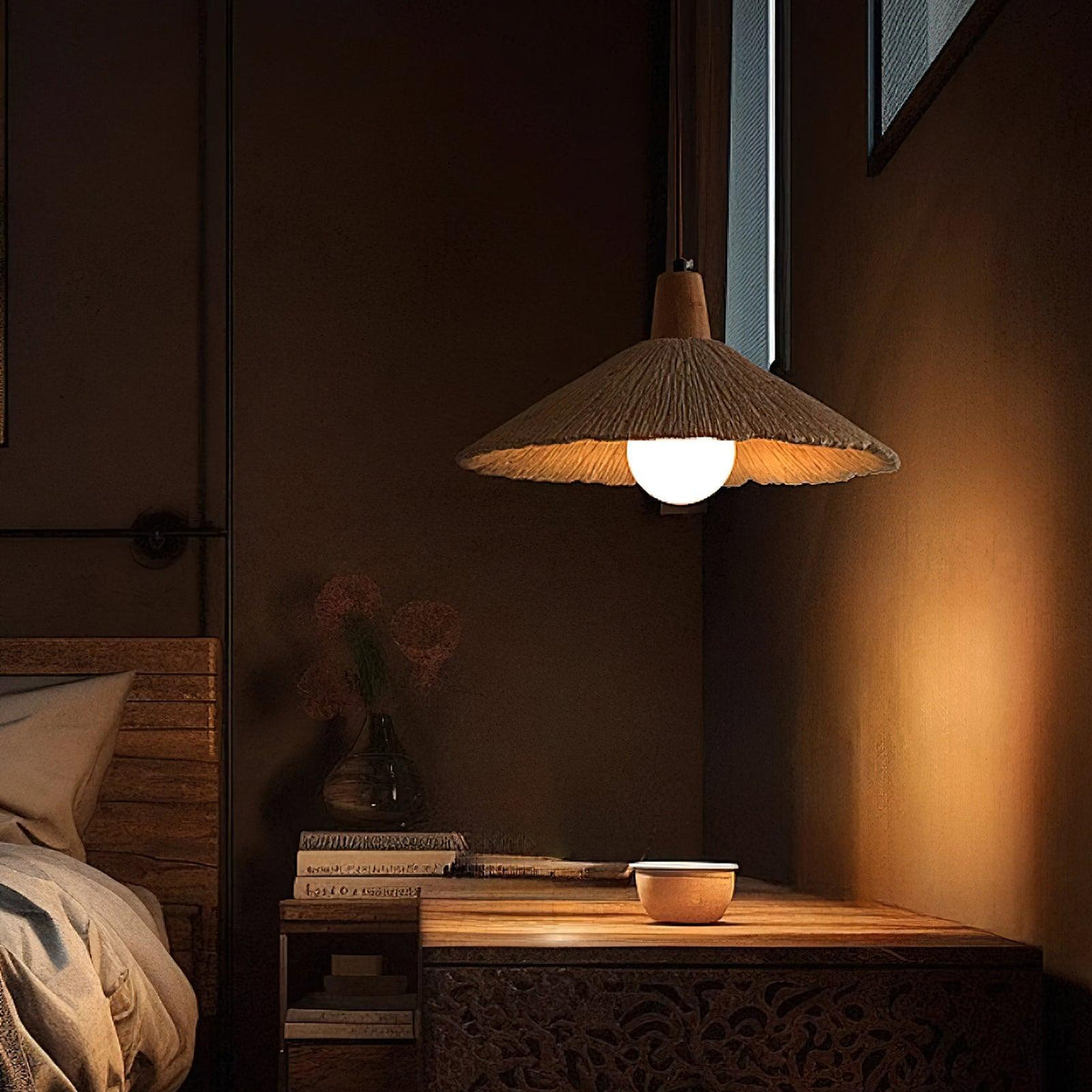 Lampada a sospensione legno in cima, paralume in cemento texturizzato grigio, stile Japandi naturale