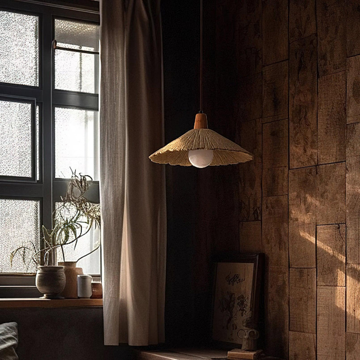Lampada a sospensione legno in cima, paralume in cemento texturizzato grigio, stile Japandi naturale