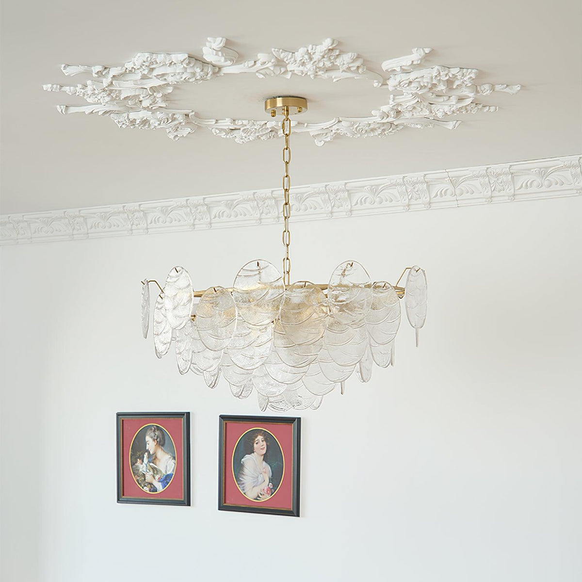 Lampadario in metallo con dischi di vetro e finitura oro, stile vittoriano