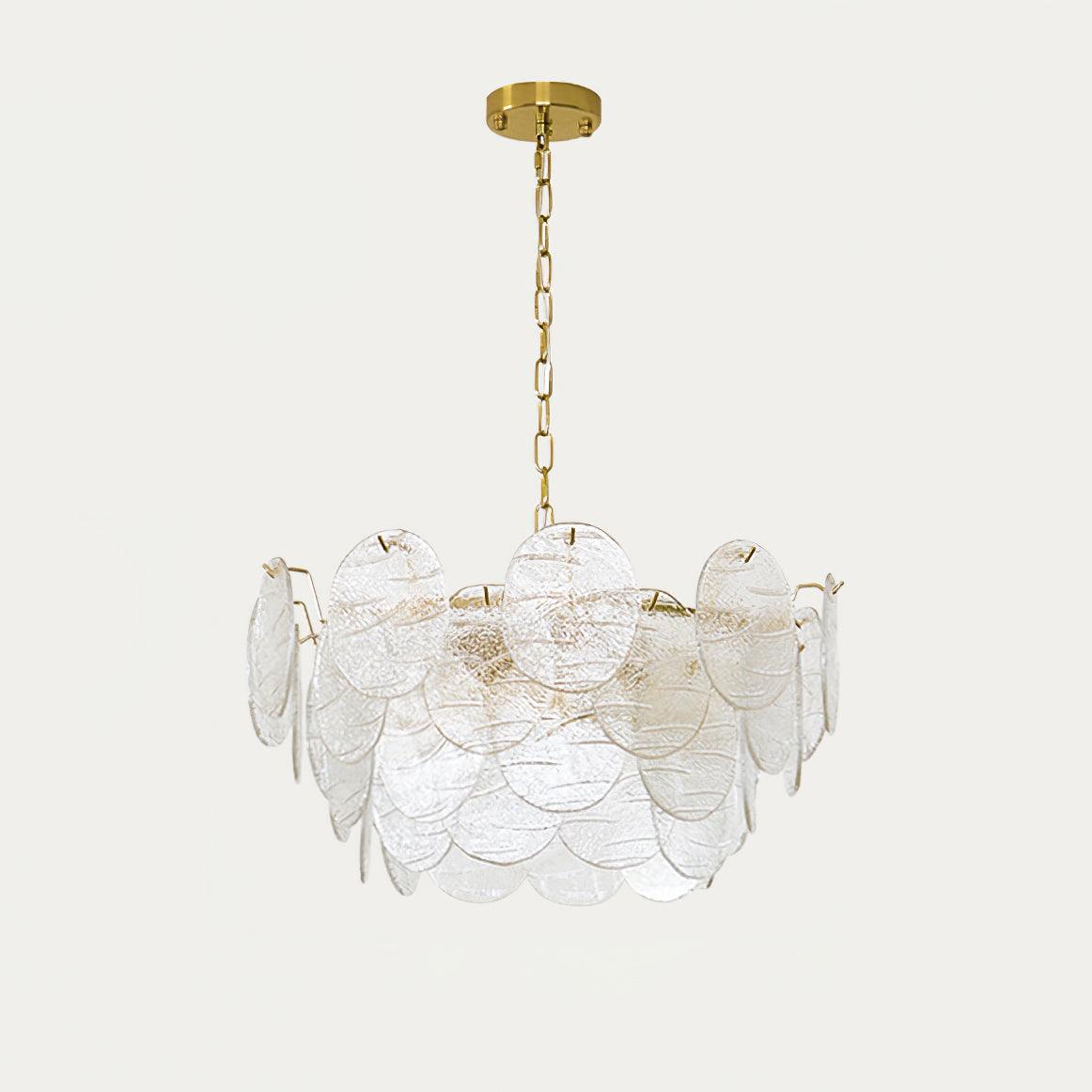 Lampadario in metallo con dischi di vetro e finitura oro, stile vittoriano