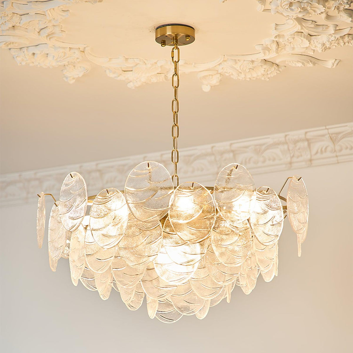 Lampadario in metallo con dischi di vetro e finitura oro, stile vittoriano
