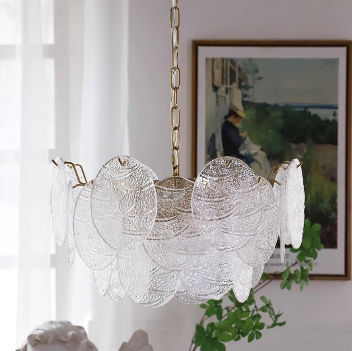 Lampadario in metallo con dischi di vetro e finitura oro, stile vittoriano