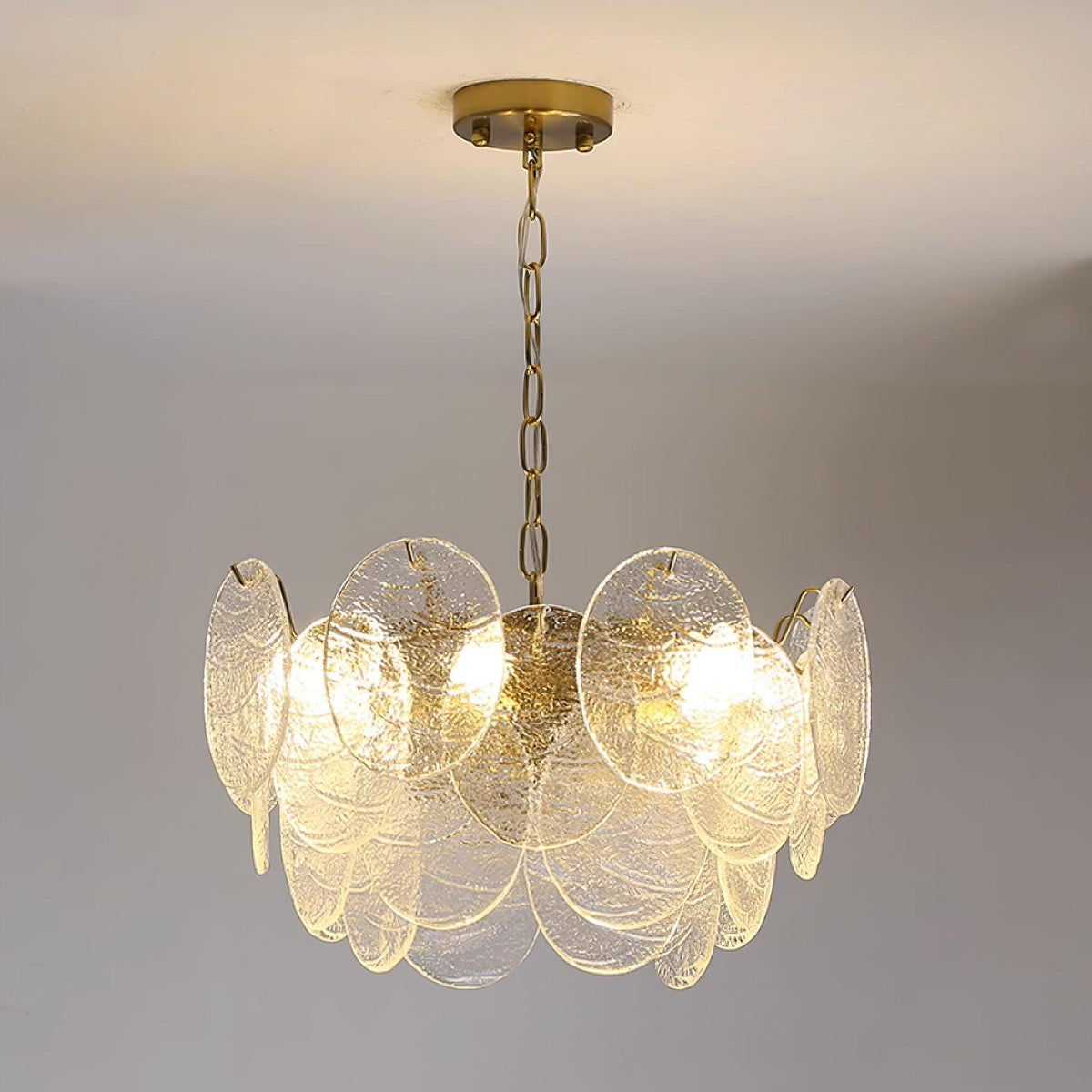 Lampadario in metallo con dischi di vetro e finitura oro, stile vittoriano