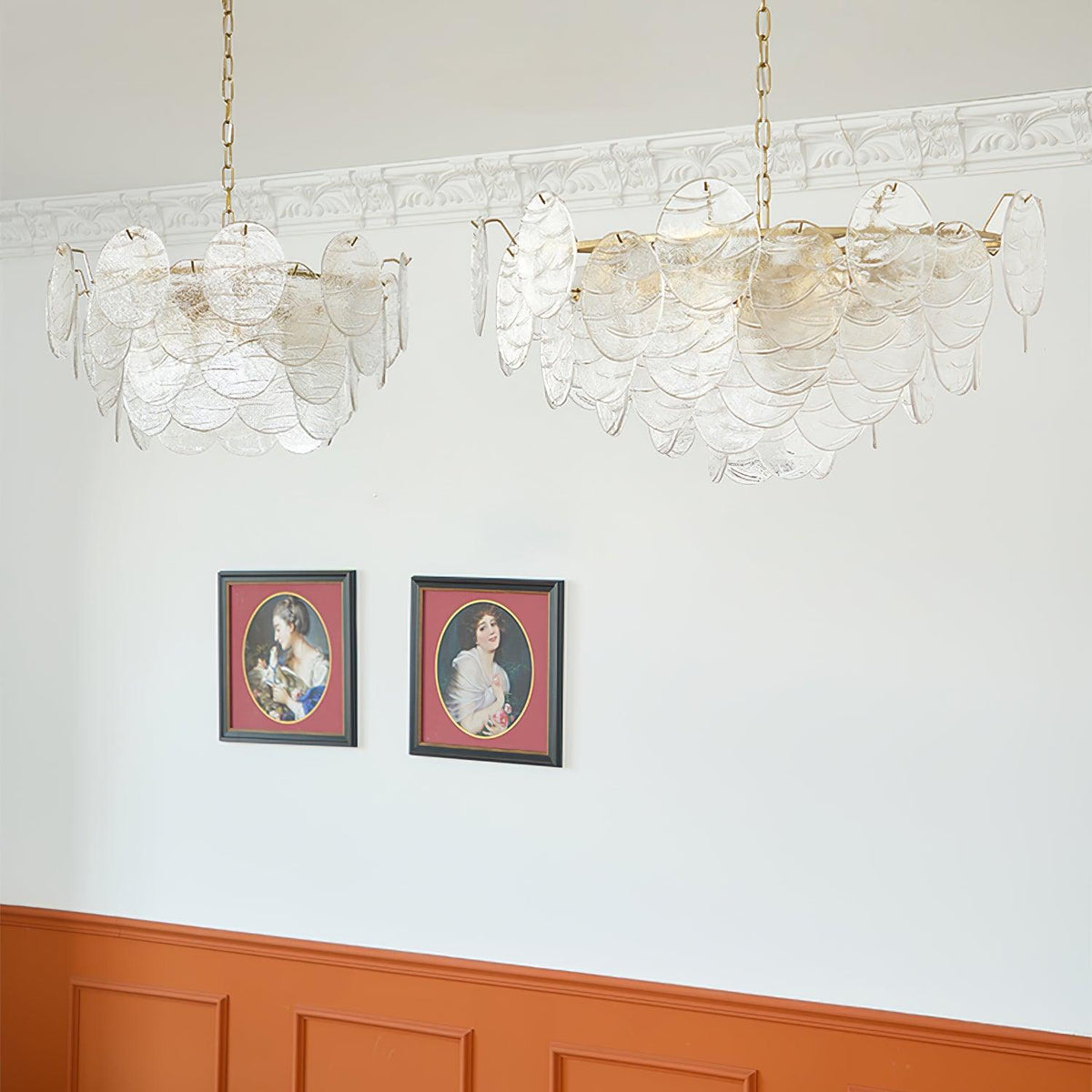 Lampadario in metallo con dischi di vetro e finitura oro, stile vittoriano
